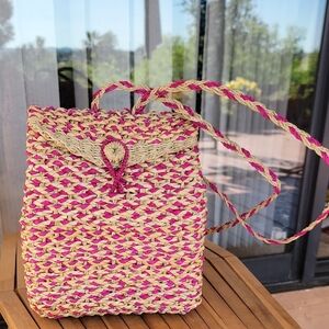 Handwoven Pink and Cream Straw Backpack